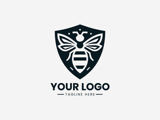 Protective honey bee security vector logo with shield border and guardian wings for safety company