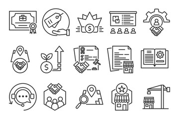 Icon Pack of Franchise in Creative Outline Vector Style for Business Licensing Territory Rights Partnership Agreements Legal Documents Permits Contracts and Commercial Use