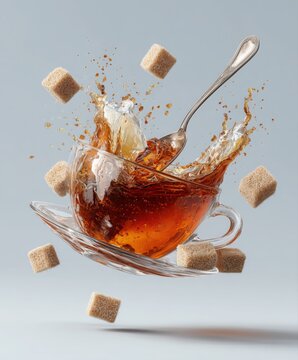 A cup of tea is floating in the air, with splashes and a spoon on a white background. there are sugar cubes inside the teacup.