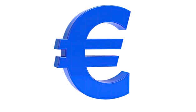 A glossy, bright blue currency symbol, resembling an E with horizontal lines