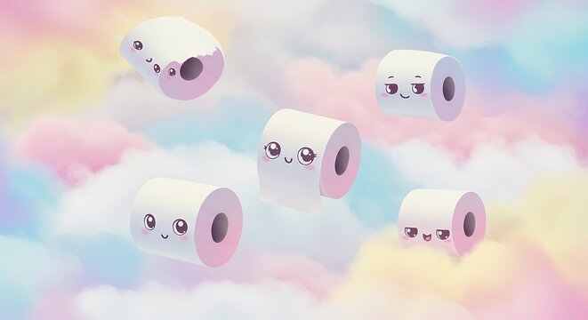 Whimsical cartoon toilet paper rolls floating in dreamy pastel clouds