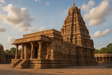 Ancient temple under cloudy sky.