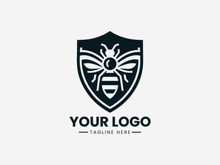 Obraz premium Protective honey bee security vector logo with shield border and guardian wings for safety company