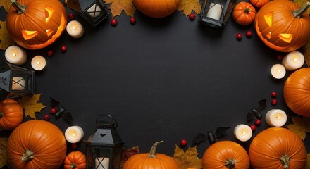 Spooky Halloween flat lay frame with glowing jack-o'-lanterns, autumn leaves, and pumpkins on dark background. Festive fall holiday celebration banner with copy space.