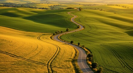 Winding road through rolling hills of green and yellow fields under sunlight scenic landscape