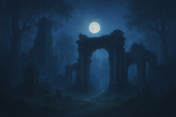 Spooky halloween night. Halloween landscape with moon. Mystical night sky with moon. Background Image. Minimalist backdrop