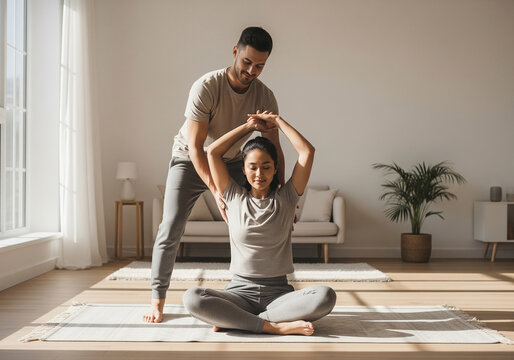 Man assisting woman in seated yoga stretch
