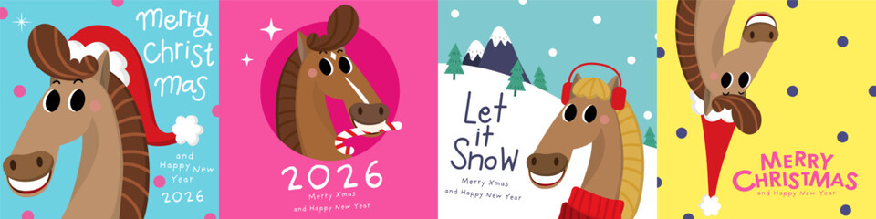 Merry Christmas and happy new year 2026 greeting card with cute horse with xmas wreath. Animal zodiac cartoon character. -Vector