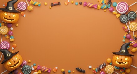 Festive Halloween candy and carved pumpkins with witch hats framing an orange background with copy space.