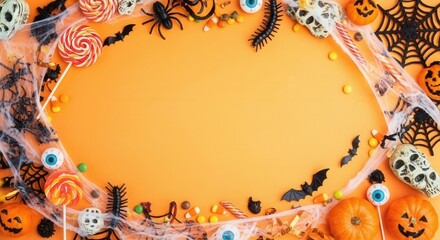 Vibrant Halloween flat lay frame with spooky candies, spiders, bats, webs, pumpkins, and lollipops on orange background. Festive autumn design.