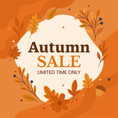 Vector illustration of an autumn sale banner with warm orange tones, seasonal foliage, berries, and an acorn.