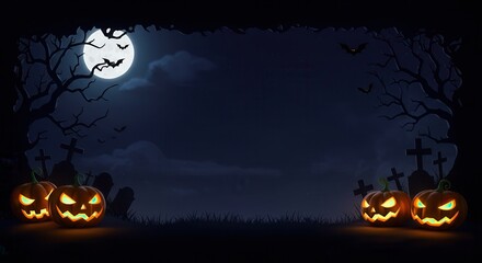 Spooky Halloween Night Frame with Jack-o'-Lanterns, Flying Bats, Full Moon, and Silhouetted Graveyard Trees