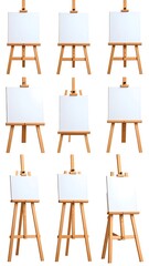 Nine identical easels, each holding a blank canvas, displayed in varying angles against a white background