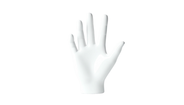 Isolated white hand with open palm, slightly tilted on a stark, black background