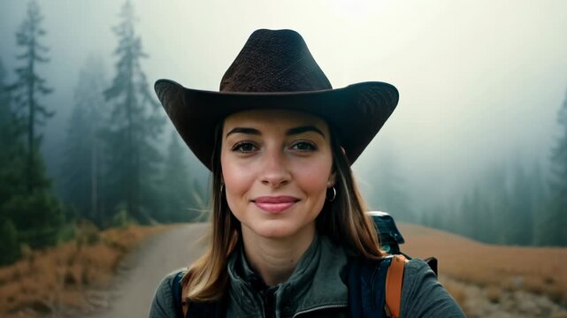 A young Caucasian female hiker in a cowboy hat in a mountain forest looking at camera and smiling. The woman beams confidently, hiking through forested mountains with a cowboy hat on.
