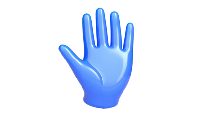A stylized, glossy, blue hand, palm facing forward, rendered against a black background