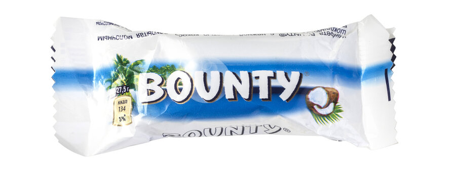 Bounty chocolate bar. Studio shot, isolated on white background