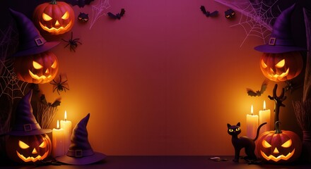 Spooky Halloween frame with glowing jack-o'-lanterns, witch hats, candles, spiders, and bats on a dark purple background