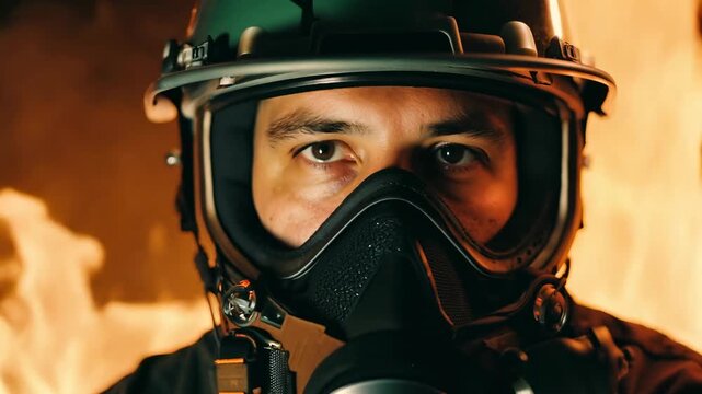 Firefighter in a protective mask and helmet during his work. A raging flame behind him. Masked firefighter hides determined face amid raging fire.