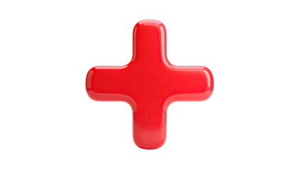 A glossy, red plus sign floats against a stark black background