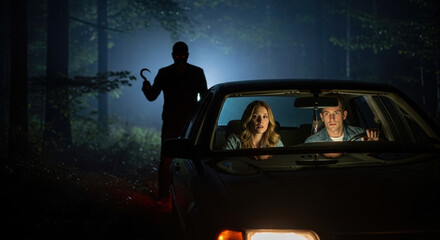 Nighttime scary stories unfold with a couple in parked car confronting a menacing silhouette. Nighttime scary stories include creepy hook-handed figure lurking near vehicle,