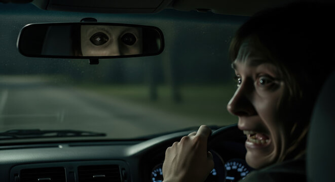 Nighttime scary stories depict terror in car, face reflected in rear view mirror. Nighttime scary stories are perfect for Halloween and create spooky thrill and horror.