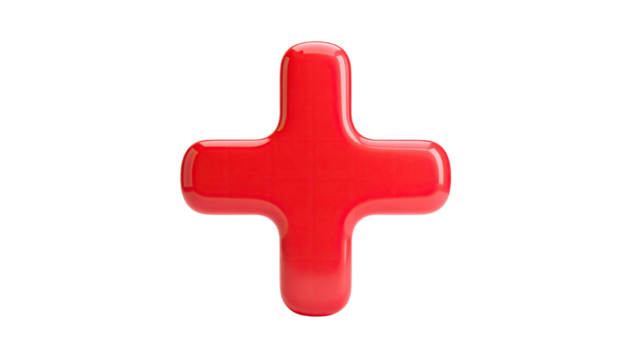 A glossy, red plus sign floats against a stark black background