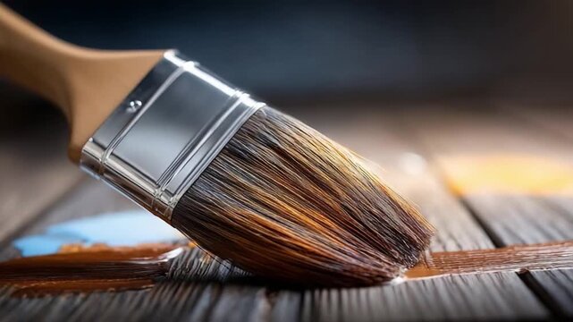 Brushstroke Brilliance: A close-up shot showcases a paintbrush in action, its bristles delicately applying a rich coat of stain onto a wooden surface, bringing the details of craftsmanship.