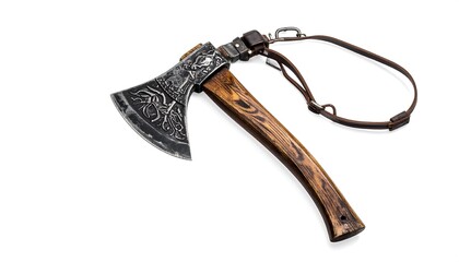 Ornate axe with dark wood handle and leather carrying strap, isolated on white