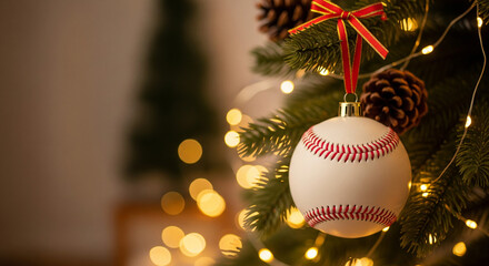 A baseball hanging like a Christmas ornament from a decorated branch, positioned neatly on the right side of a festive blurred background. The left portion remains uncluttered for text overlay. Golden