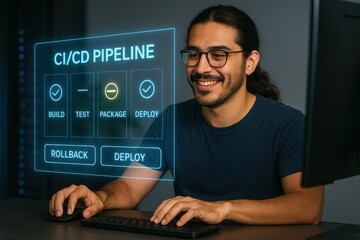 Continuous integration and deployment process tech office digital content modern workspace close-up view software development concepts