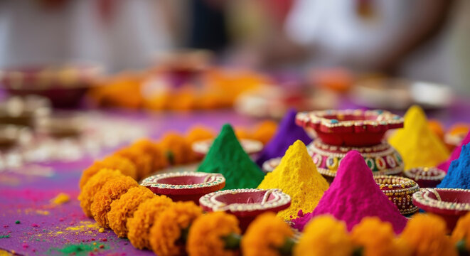 Vibrant Holi festival celebration with colorful powders and traditional diyas. Holi festival gathering shows arranged vibrant powders with garlands and small oil lamps.
