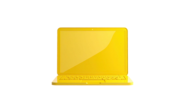 Front view of a glossy yellow laptop isolated on a black background