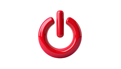 Glossy red power button symbol against a black background. 3D rendered