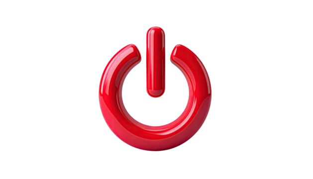 Glossy red power button symbol against a black background. 3D rendered