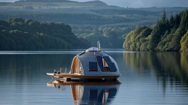 Floating eco pod on a calm lake, made from recycled materials, solar charging roof