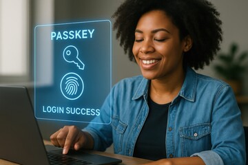 Successful login action home office digital interaction modern workspace eye-level technology and security concept