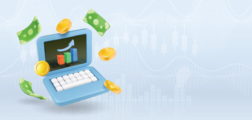 Coins, growth chart with increasing arrow and laptop. Finance, capital and money increase concept. 3d vector icon. Cartoon minimal style.