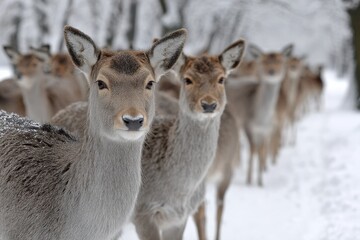 Fototapeta premium Majestic Deer Herd Gracefully Roaming Through a Snow-Covered Forest in Tranquil Winter Wonderland