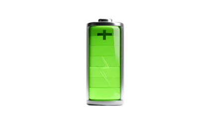 Green battery graphic showing a power level, with positive sign and lightning bolt