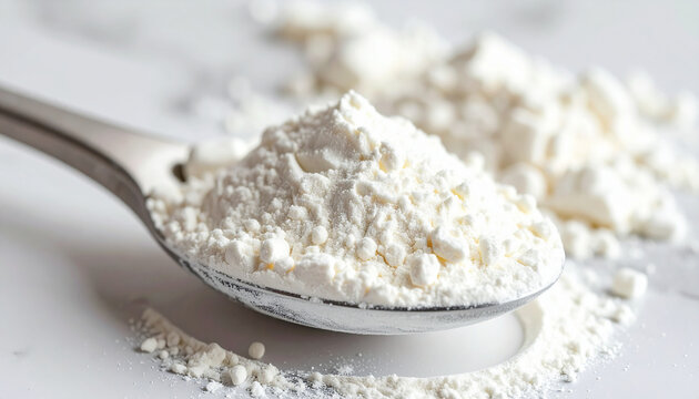 White powder supplement in scoop. Hydrolyzed collagen, sodium benzoate, citric acid