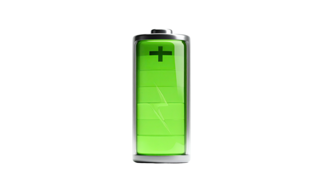 Green battery graphic showing a power level, with positive sign and lightning bolt