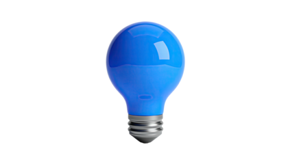 A glossy blue lightbulb with a silver base, isolated on a black background