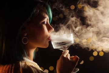 Attractive Woman Drinking Champagne Or Wine From Retro Styled Glass Goblet.party