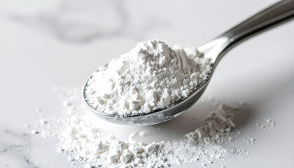 White powder supplement in scoop. Hydrolyzed collagen, sodium benzoate, citric acid