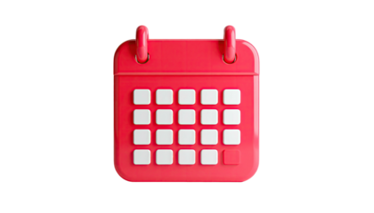 3D rendered bright red calendar, white squares, with a dark black background
