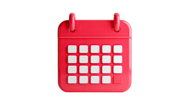 3D rendered bright red calendar, white squares, with a dark black background
