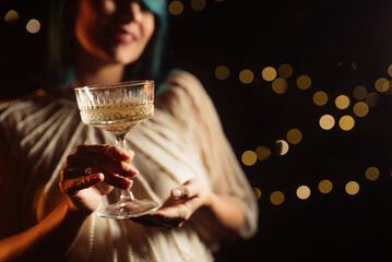 Woman With Champagne In Retro Styled Glass Goblet. Wedding Party Celebration.