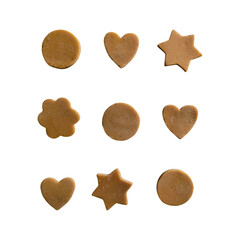 Variety of shaped homemade cookies on clear background