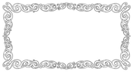 Decorative ornate rectangular border with swirling floral motifs on a white background.